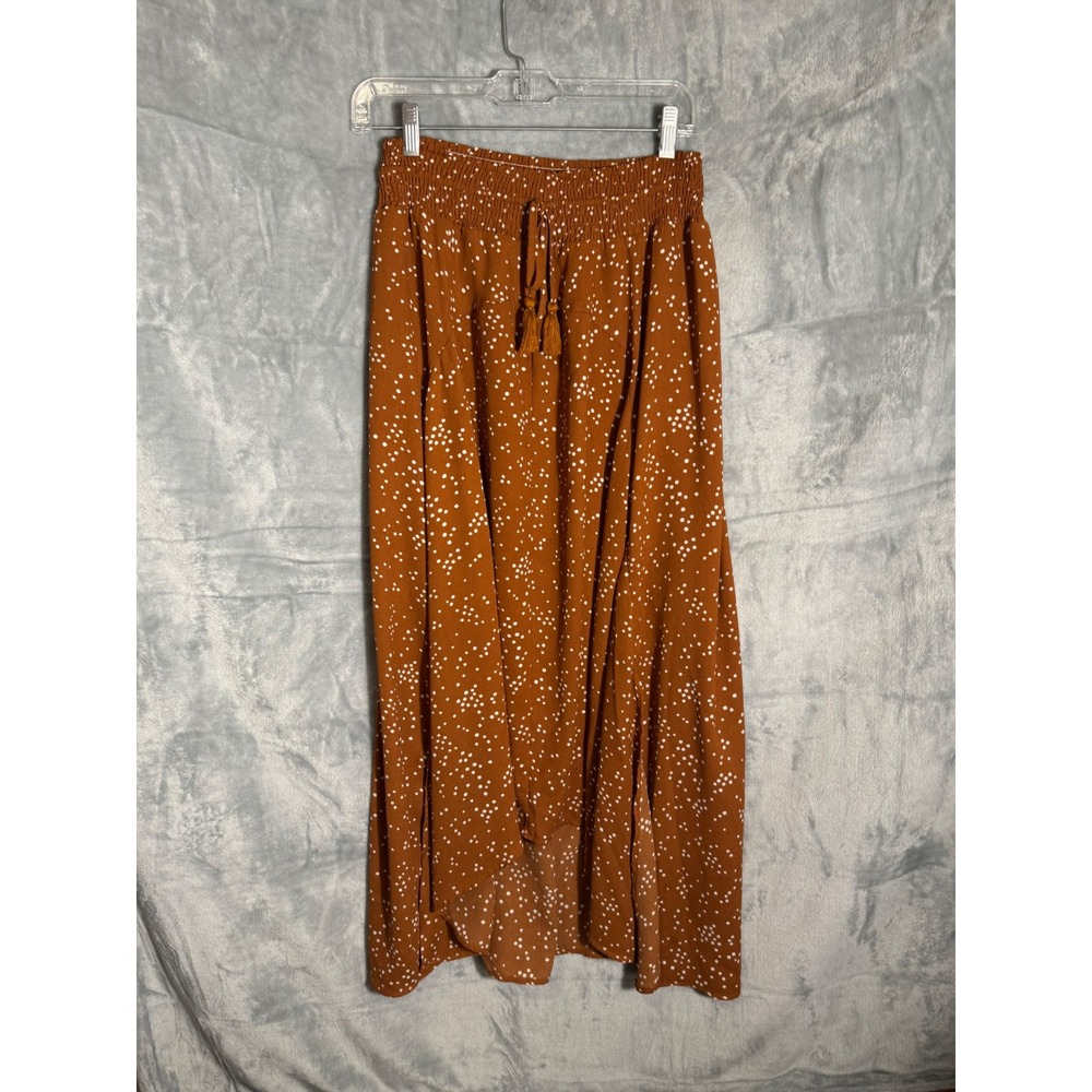 Calista Womens‎ Rust Brown Polka Dot Smocked Maxi Skirt Tassel Boho Large